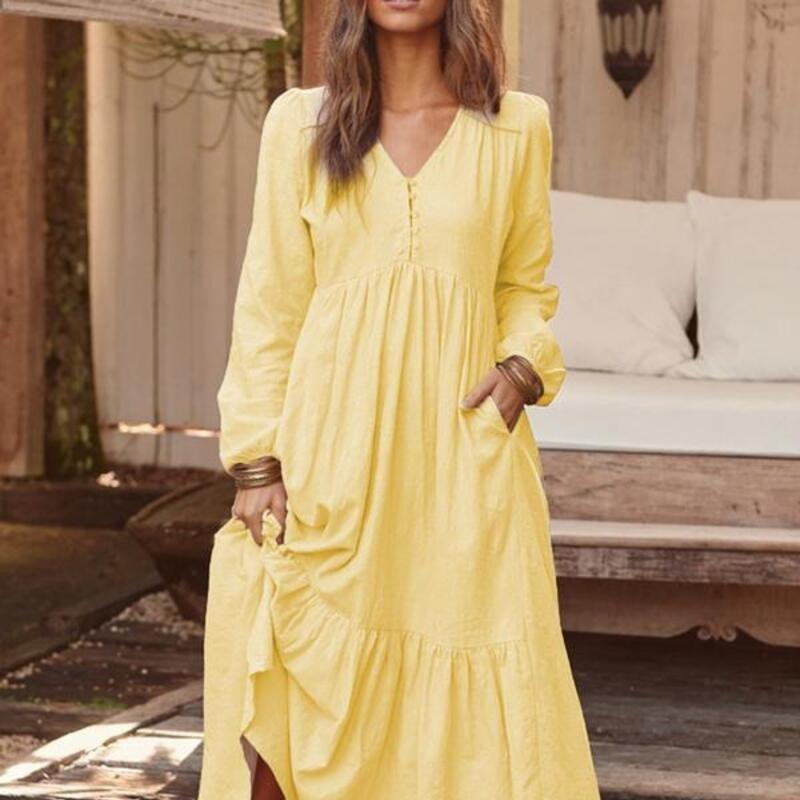 Spring and Autumn Dress Cotton and Hemp Retro Casual Long Sleeve Skirt