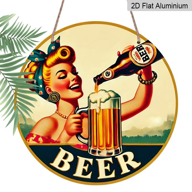 2D Flat Aluminum 7.87 Inch X 7.87 Inch Vintage Woman Pouring Beer Style Wall Hanging. Suitable for Bars, Living Rooms, Home Cellars, Kitchens