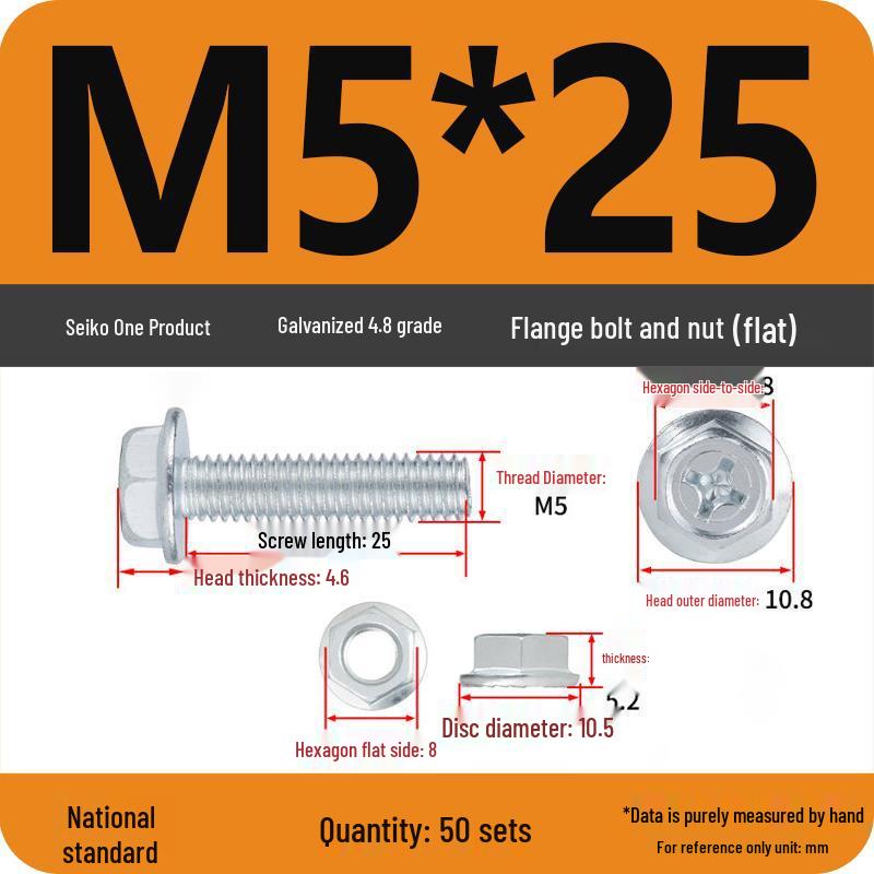 4.8 Grade Galvanized Hex Bolt Set with Anti-slip Washer & Nut, Cross Flange Head, M4/M5/M6/M8mm