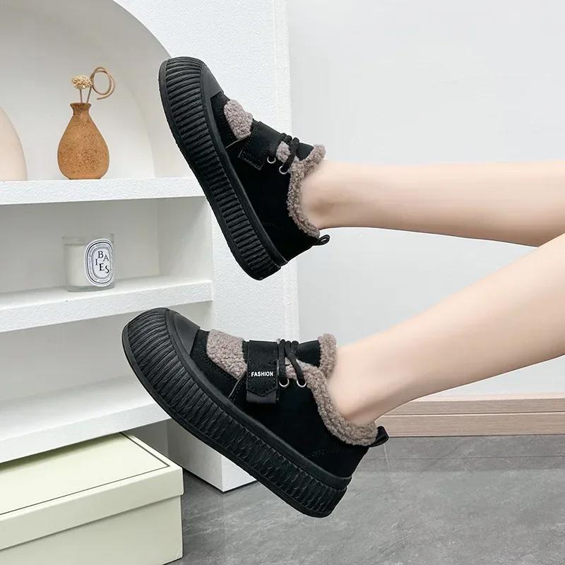 Fashion New Winter Warm Cotton Shoes for Women with Plush Lace Up Casual Sports Shoes, Fashionable Thick Soled Lightweight Cotton Shoes