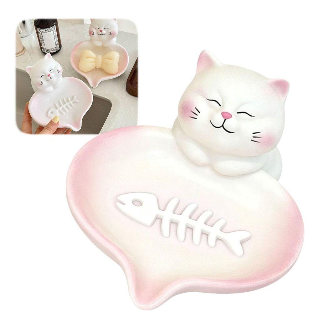 Pastel Pink White Cat Soap Dish With Drainage Soap Container Lucky Cat Soap Case  Household Use