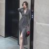 2024 Autumn French V-Neck Retro Long-Sleeve Slit Dress for Mature Women