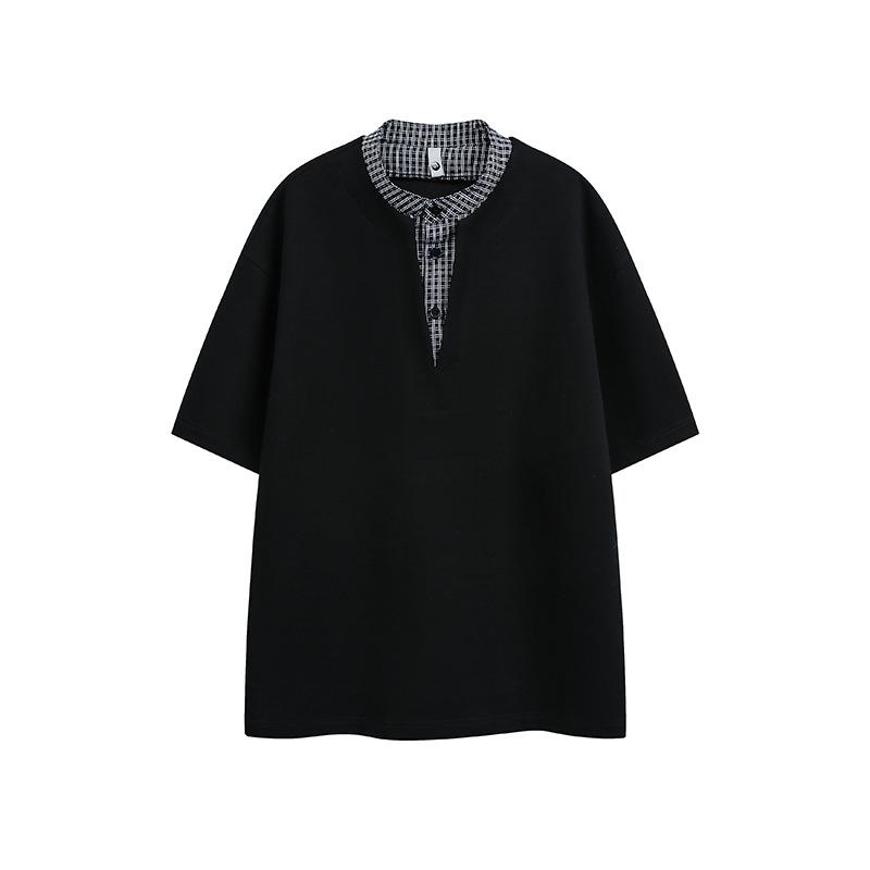 Clothing Men s Clothing American Fake Two-piece Plaid Splicing Short Sleeve T-Shirt Men s Summer New Trend Brand Loose Casual Half Sleeve M чёрный