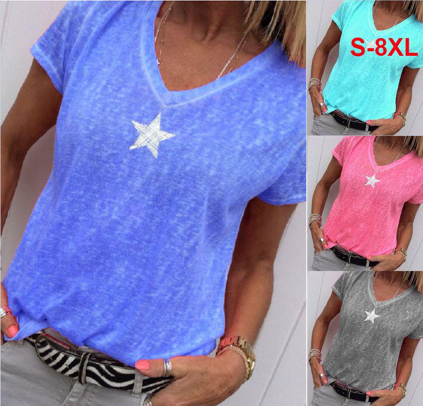 Plus Size Women V-Neck Star Print T-Shirt Ladies Summer Casual Baggy Tops Blouse