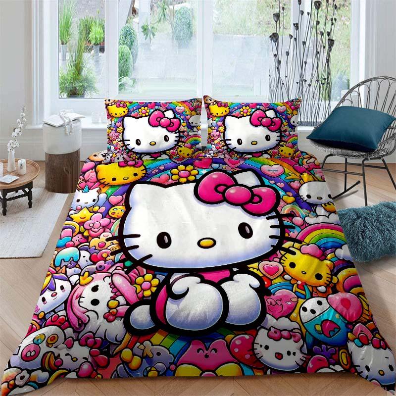 This Hello Kitty three-piece bedding set with a cartoon heart print, including one duvet cover and two pillowcases, makes a perf