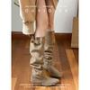 Cowhide Version~ Retro Thick Heel Knight Boots Women's Matte Suede Western Boots Belt Buckle Pointed High Boots Long Boots