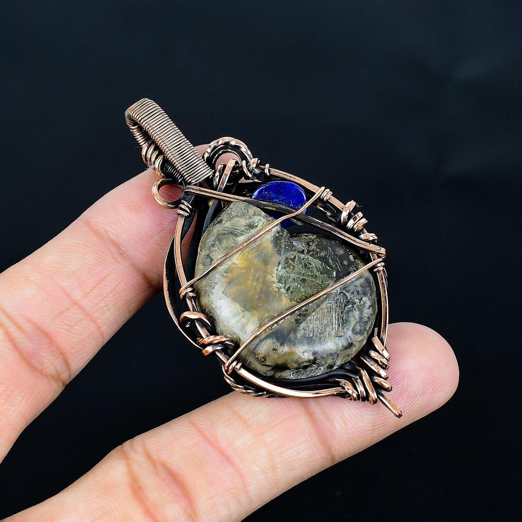 Ammonite Fossil & Lapis Lazuli 999 Copper Wire Wrapped Pendant, Handmade Gemstone Jewelry Pendant For Memorial Day