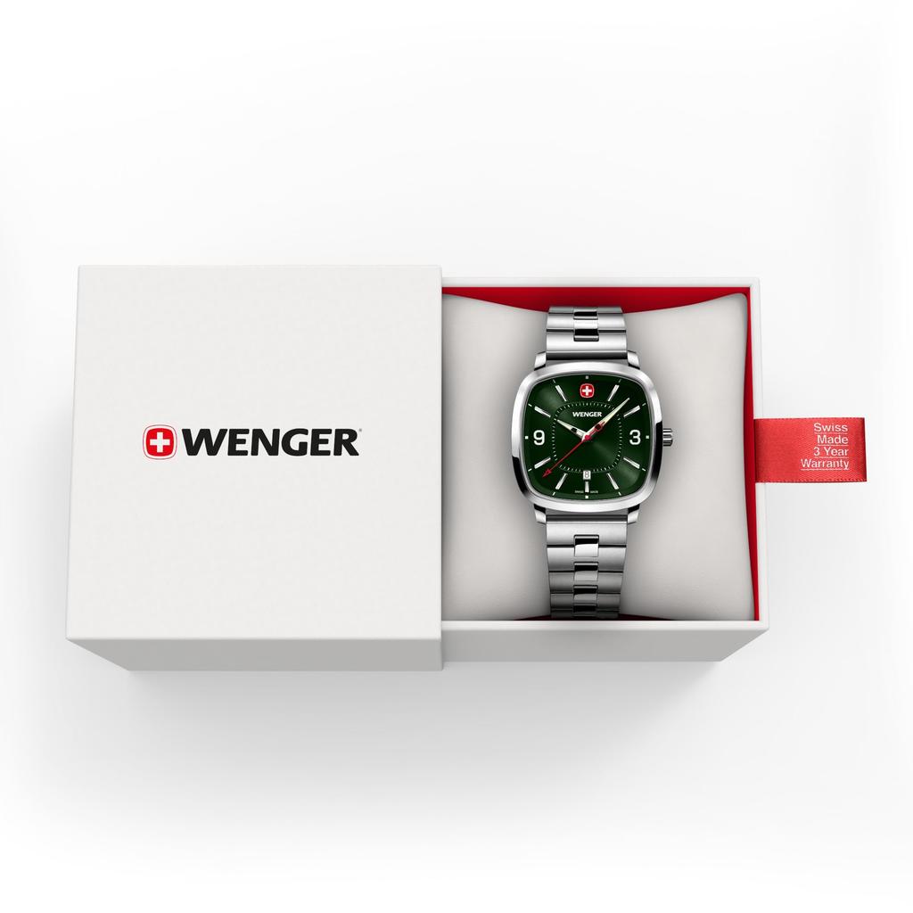 WENGER VINTAGE SPORT Watch Stainless Steel Case Green Dial Silver Stainless Steel Bracelet Quartz 50m Water Resistant Gift Analog Men's (316L)