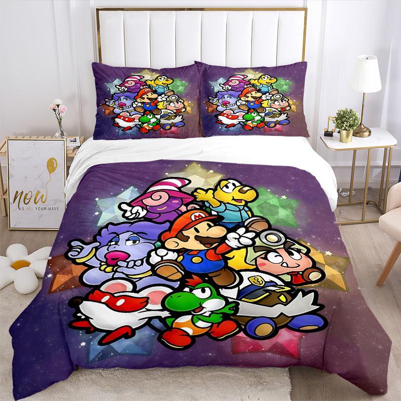 3pcs bedding set Mario Party Includes 1 Comforter + 2 Pillowcases, Without Pillow Inserts, Soft Comfortable, Lightweight Breathable, Printed