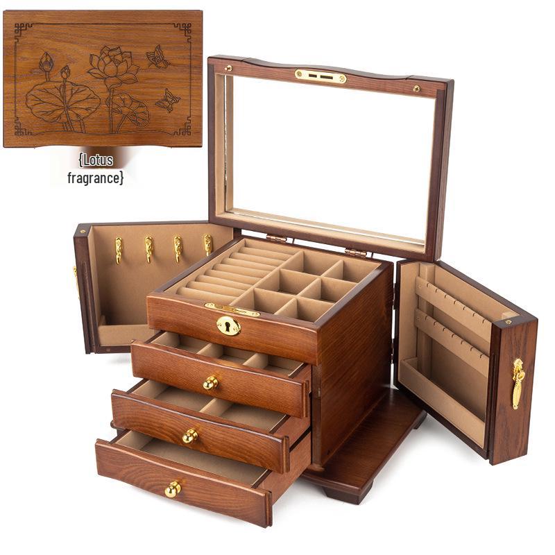 High-End Vintage Solid Wood Multi-layer Jewelry Box with Lock - Large Capacity for Necklace & Ring Storage