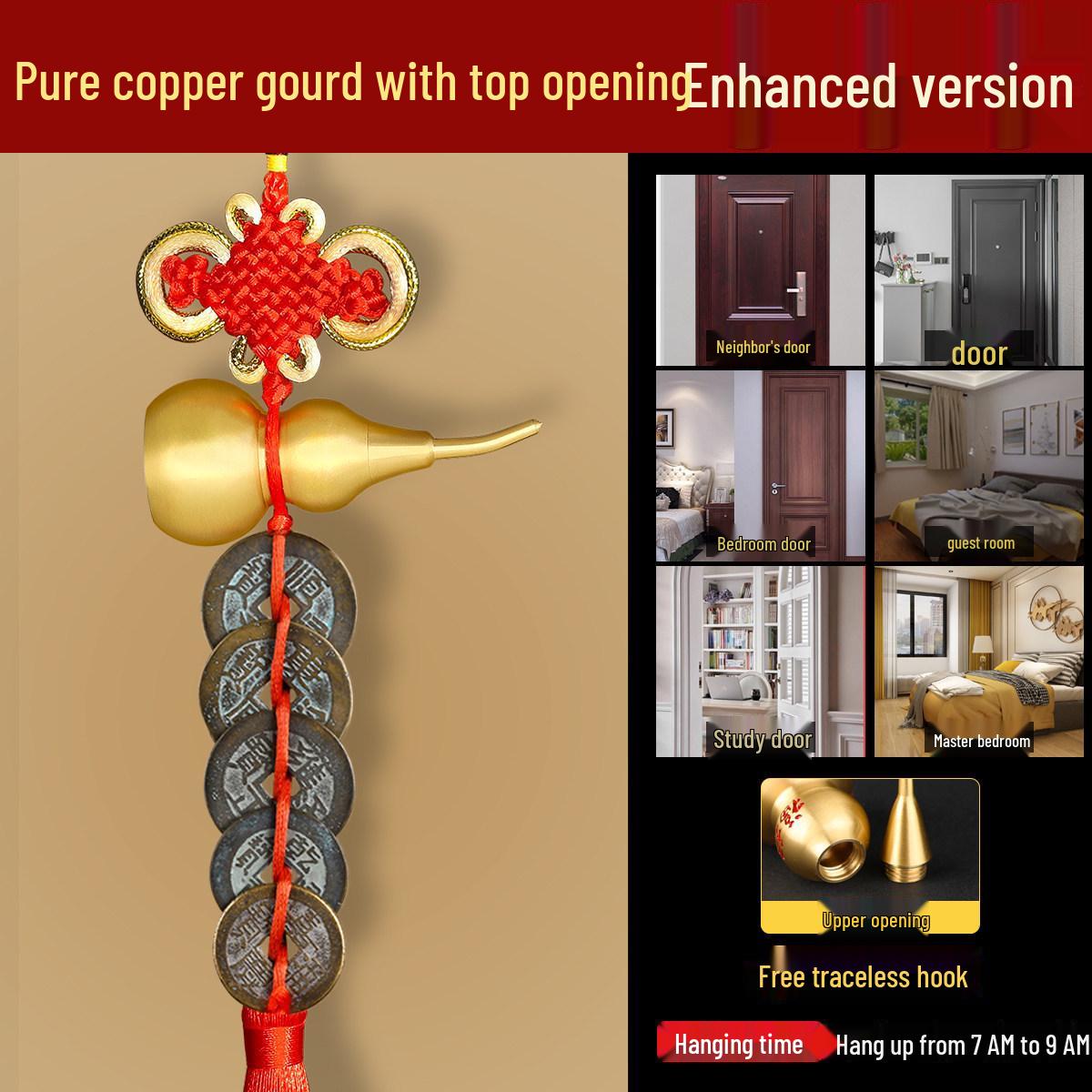 Antique Style Brass Gourd & Five Emperors Coins Hanging Ornament with Auspicious Knot with red hook and cinnabar киноварь
