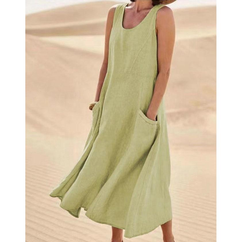 Women Coton Linen Sundress Summer Female Sleeveless Double Big Pocket Loose Sand Beachwear Long Dress Oversized S-5XL LRFZ-818