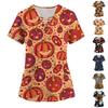 Plus SizePrinted Scrub Working Uniform Tops For Women's Cross V-Neck Halloween Print Short Sleeve Fun T-Shirts Workwear Tee With Pockets