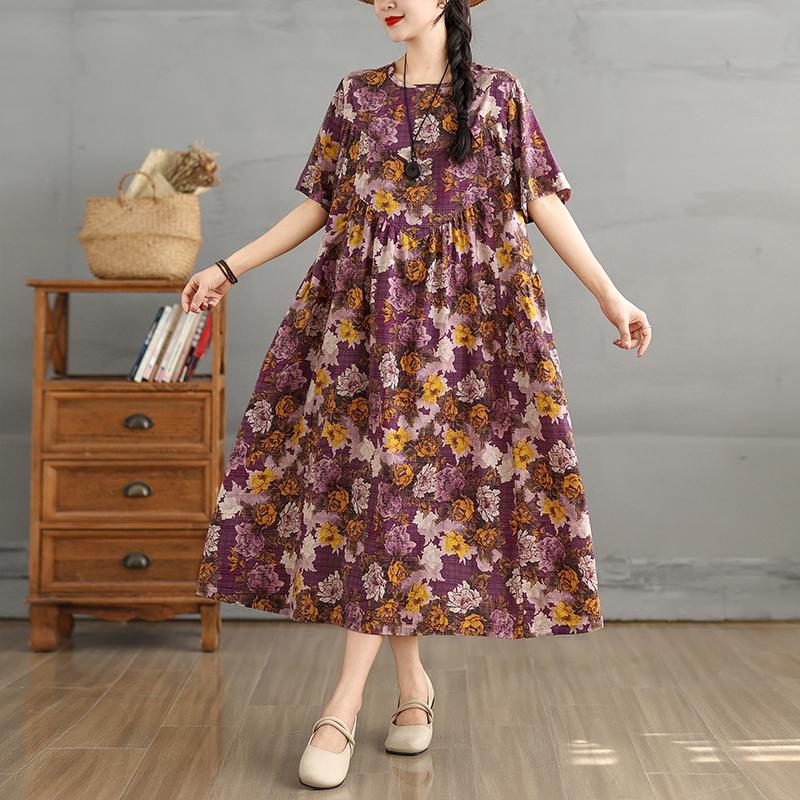 DIMANAF Women 2025 Summer Plus Size Vintage Printing Dress Loose Casual Dress Basic Floral Short Sleeve Long Dress