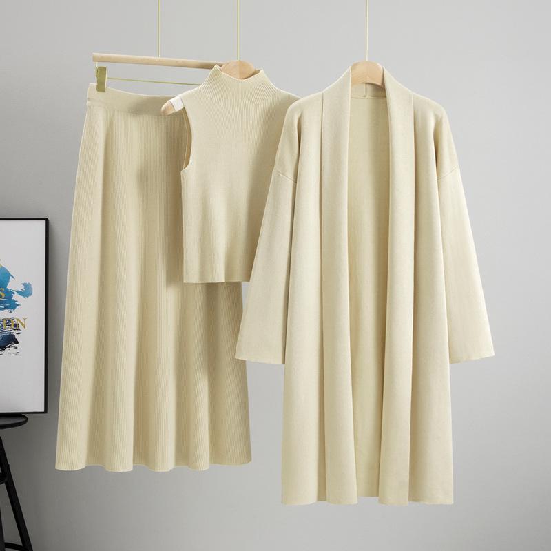 Women's Autumn Winter Knitted Three-Piece Set: Sleeveless Vest, Cardigan Sweater, Midi Skirt.