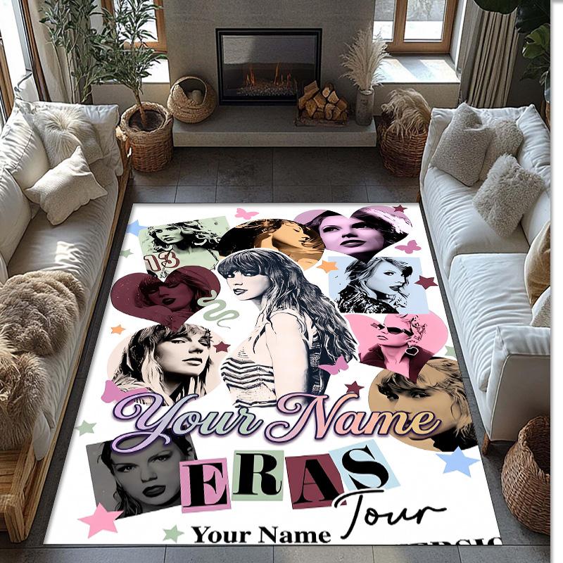 Taylor Swift Crystal Velvet Rug, Custom Name Text Personalized Non‑Slip Floor Mat for Home Decor Gift