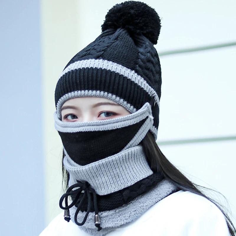 Fashionable Custom Female Warm Pom Pom Beanie Knitted Hat and Scarf Women Winter Hats Sets