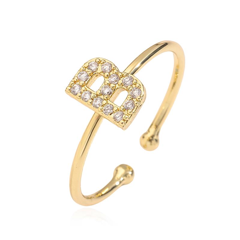 Gold Plated Brass 26 Letter CZ Initial Ring Adjustable Open Band Women Couple Jewelry Gift