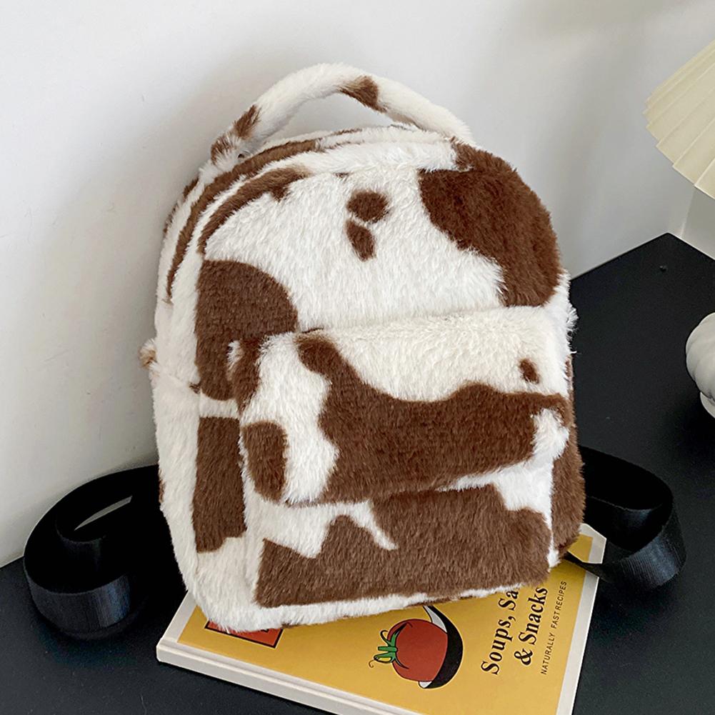 Milk Cow Pattern Plush Backpacks Versatile Women Cartoon Daypack Adjustable Strap Multifunctional Shopping Backpack