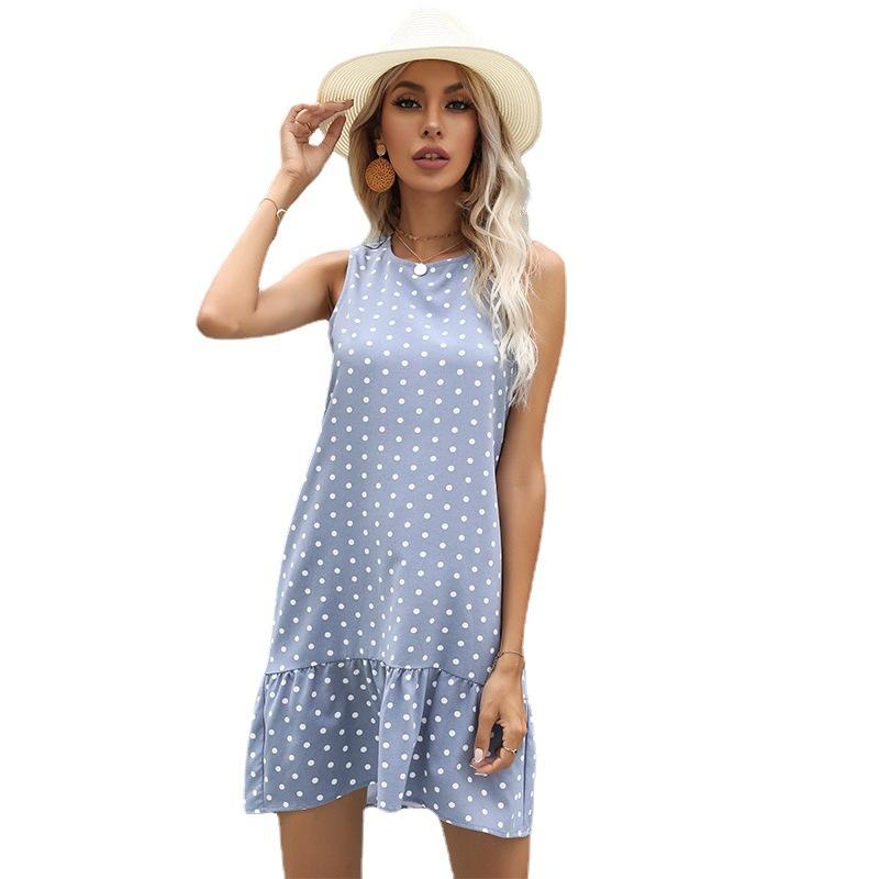 Summer Round Neck Sleeveless Short Skirt Ruffle Edge Polka Dot Shoulder Strap Dress