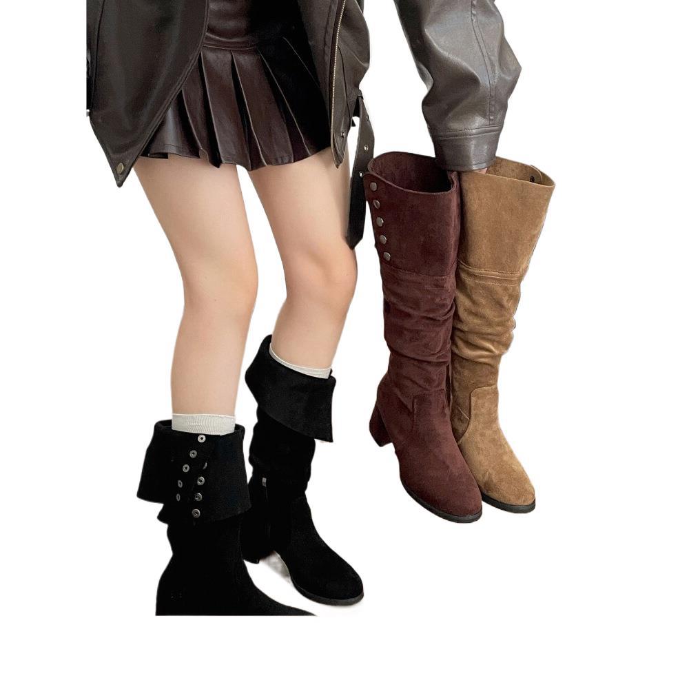 Queen Fan Black Retro Thick Heel Height Boots Women's Boots 2025 New Autumn Skinny Knight Boots