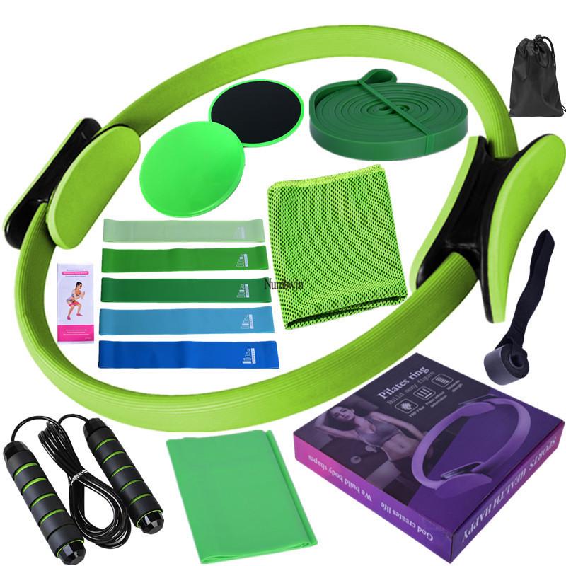 Fünfzehnteiliges Fitness-Set: Latex-Widerstandsbänder, Kühlhandtuch, Gleitscheiben, 3m Springseil, Pilates-Ring.
