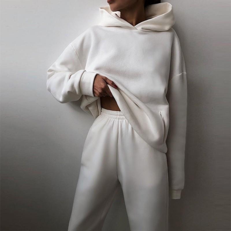 2026 Womens Solid Color Hooded Sweatshirt Jogger Pants Set Casual Two-Piece Outfit Collection