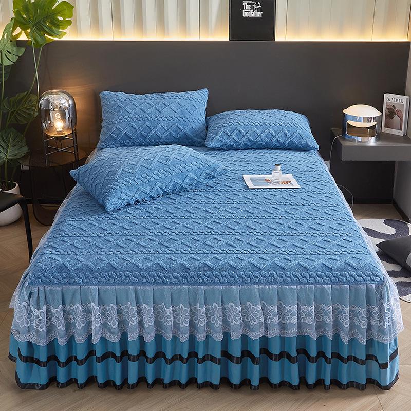 Thickened Taffeta Bed Skirt Set: Korean Style Lace Bedspread & Mattress Cover (3-Piece, Solid Color)