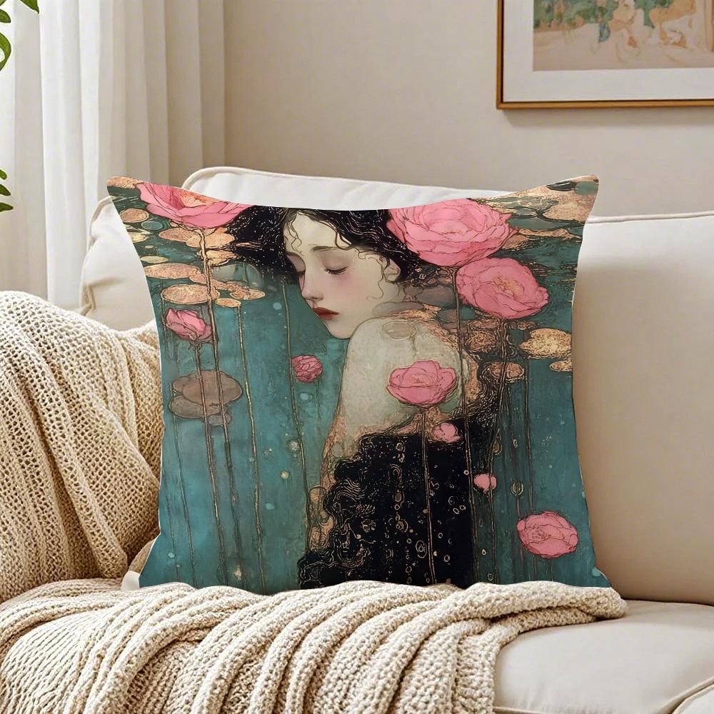 Art KKlimt oil painting style illustration Cushion Cover Linen Pillowcase Soft for Sofa Bed Home Room Decor