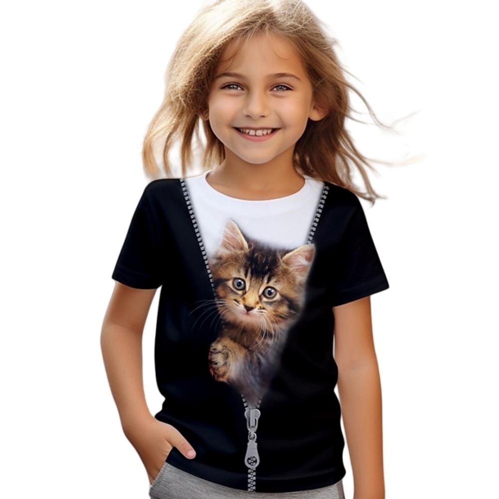 2025 New Girl's T-shirt Fashion Dolphin Children's Clothing Summer Girl's Clothing Cartoon Top Cute Cat Printed T-shirt Children's Clothing