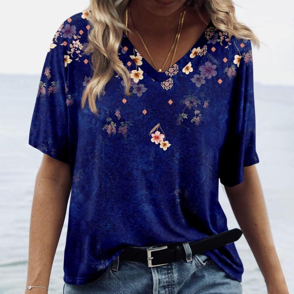 Flower Series 3D Digital Printed Women's Fun and Comfortable V-neck Short Sleeved T-shirt
