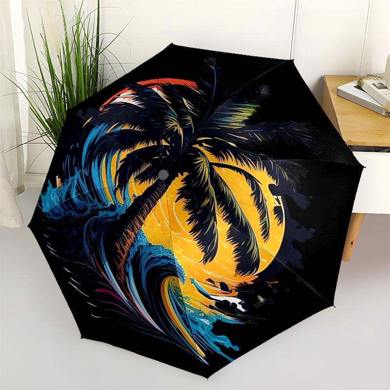 1pc Ocean Wave Sunset Palm Tree Surfing Umbrella with Plastic Handle,Suitable for All Seasons UmbrellaPT447