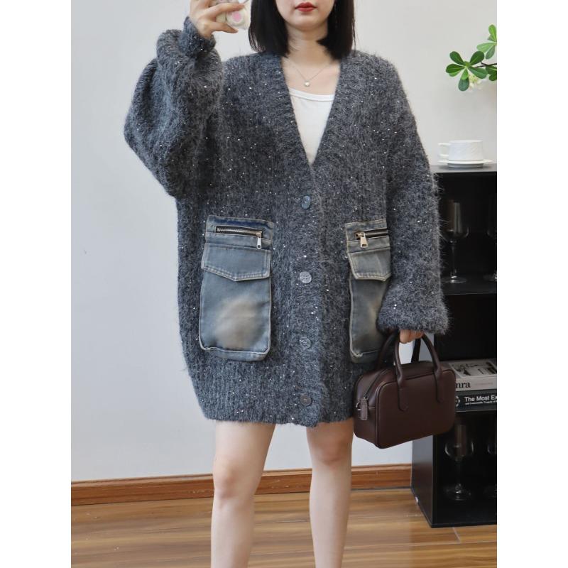 

Кардиган джинсовый вязаный с пайетками средней длины и длинный, свободного кроя, осенне-зимний новый свитер-жакет в стиле ленивого ветра для женщин one size fits all серый