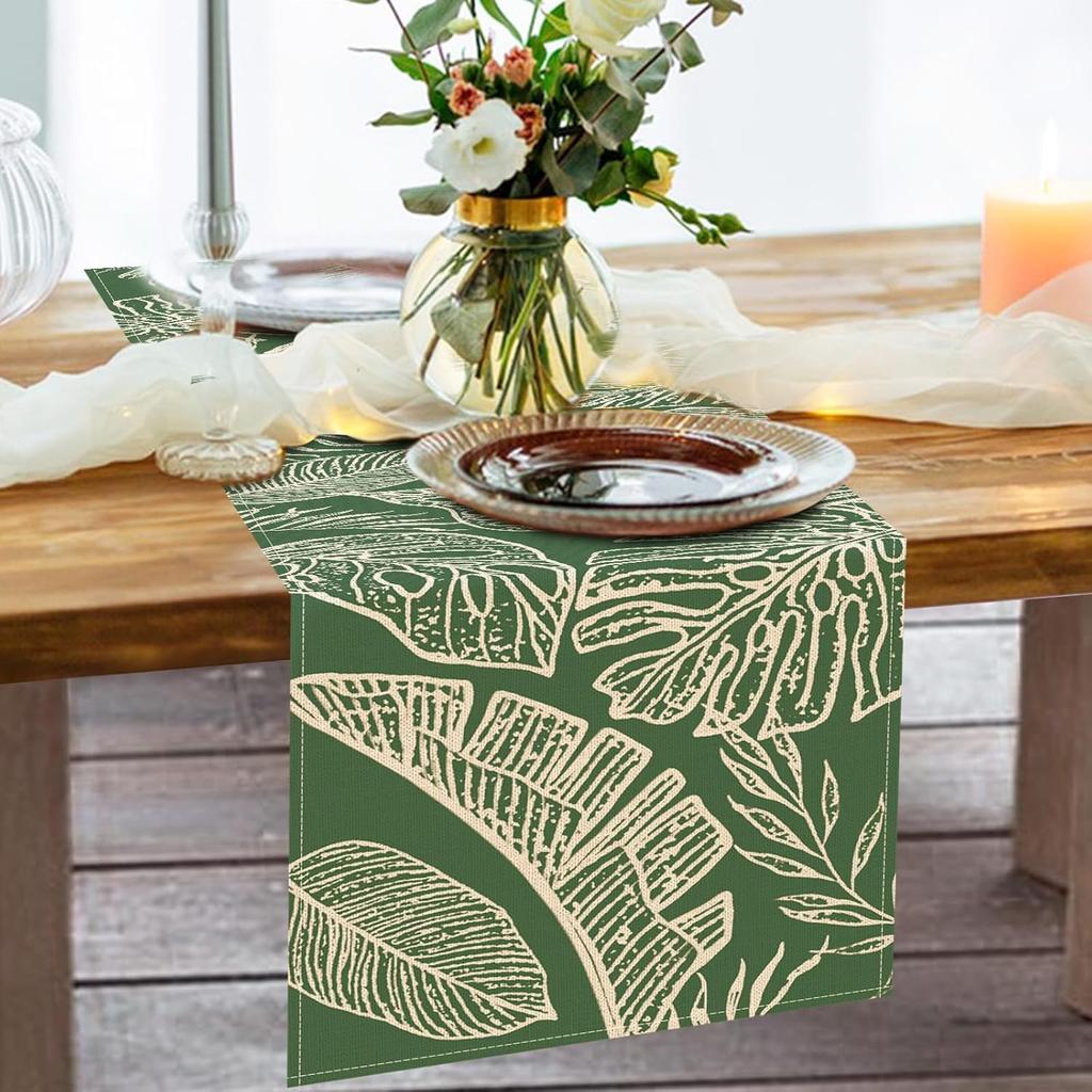 Spring Summer Tropical Plant Table Runner, Green Palm Leaves Monstera Kitchen Dining Table Decoration, Seasonal Botanical Burlap Indoor Outdoor Home