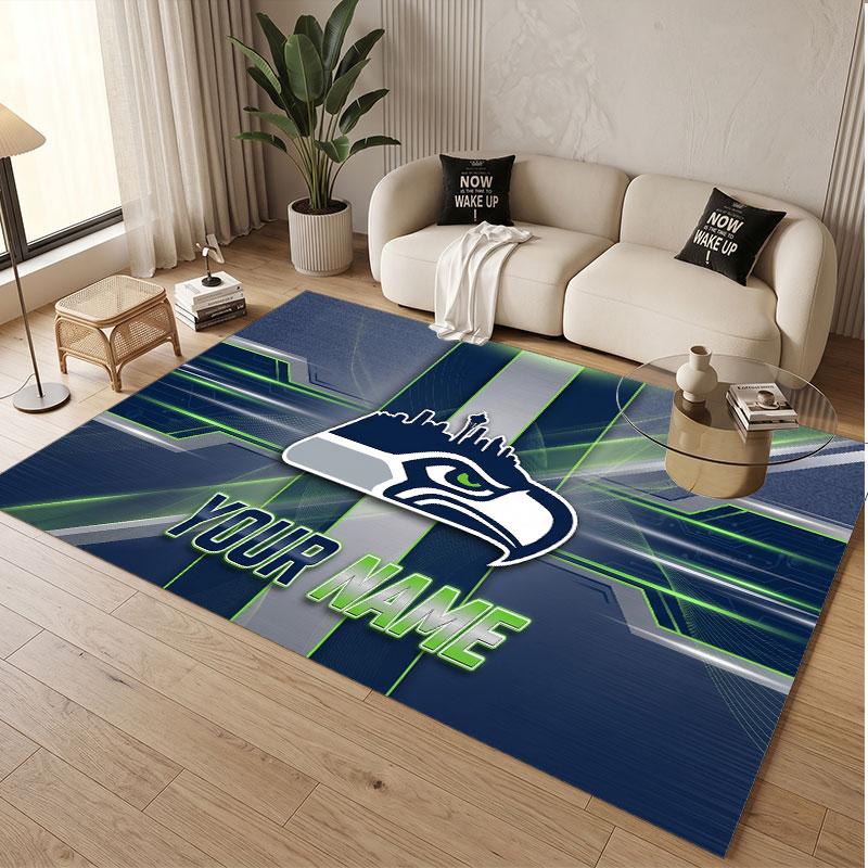 Custom Rug Seattle Seahawks Pattern Print Name Text Soft Non‑Slip Floor Carpet for Home Indoor Decoration