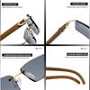 Rectangle Rimless Sunglasses for Women Men Retro Vintage 90s Gangster Trendy Wooden Frame Eyewear