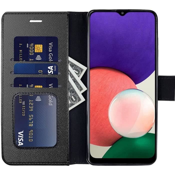 Coque + Verre Trempé Pour Samsung A22 5G (6,6"), Coque Effet Cuir Design Elégant Fermeture Magnétique Solide - Noir