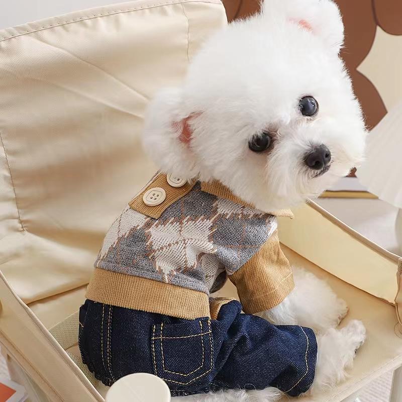 Plaid Shirt With Denim Pants Vest Overall For Dog Autumn Winter Pet Fashion Clothes Set For Small Medium Animal Chihuahua Yorkie
