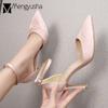 2024 Ladies Silk Champagne Shoes Ankle Strap Sandals Woman Narrow Band High Heels Stilletto Wedges Pumps OL Dress Party Sandalia