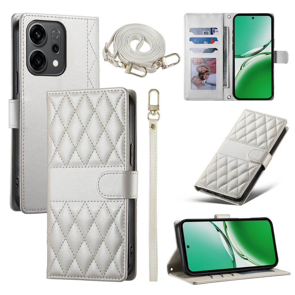 For Oppo Reno14 F 5G Case Rhombus Stitching Wallet Stand Leather Phone Cover with Long/Short Strap