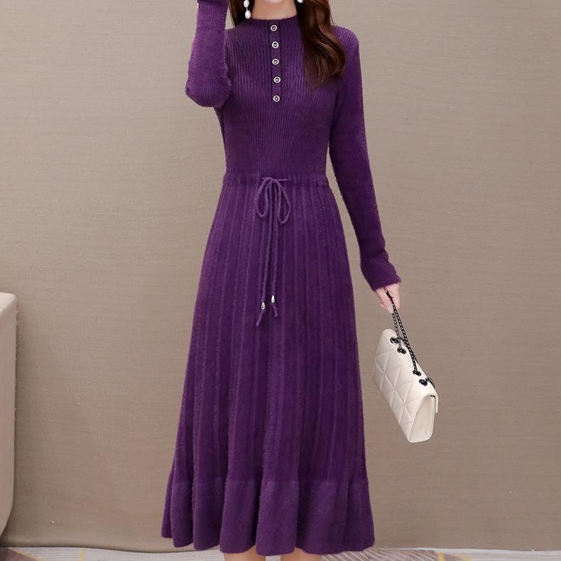 Women's Mink-proof Knitted Dress Loose Solid Color Mid-length Sweater Dress Knee-length Fishtail Dress for Autumn and Winter