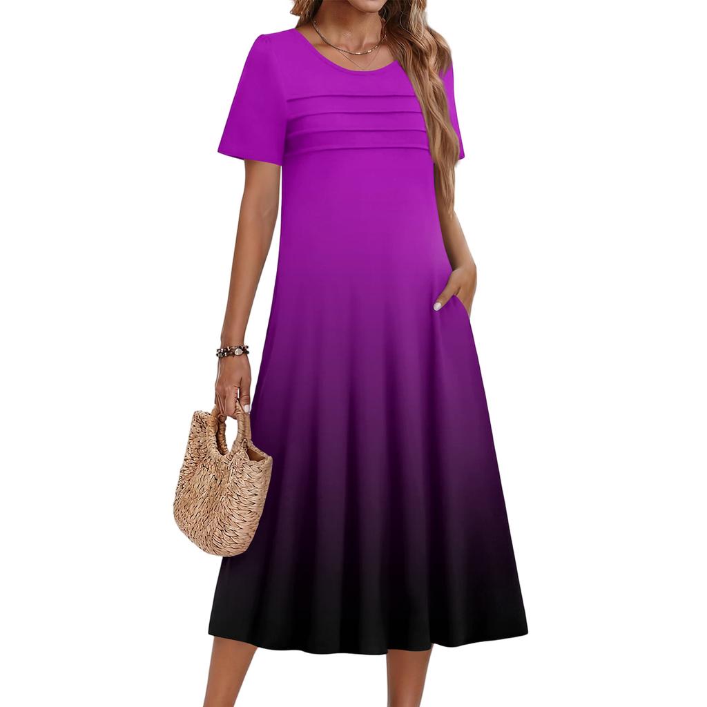 Ladies' Gradient Printed Casual And Fashionable Short Sleeved Round Neck Dress