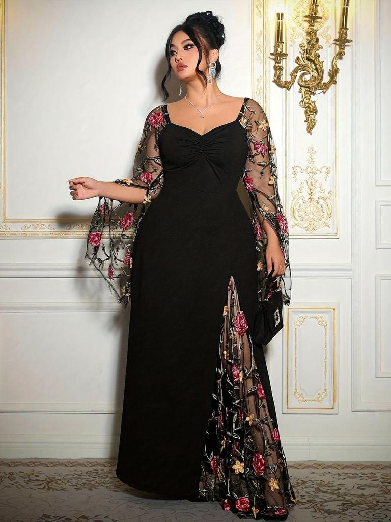 Elegante Plus Size Geborduurde Mesh Jurk voor Feesten - Lente, Herfst, Nieuwjaar, Valentijnsdag