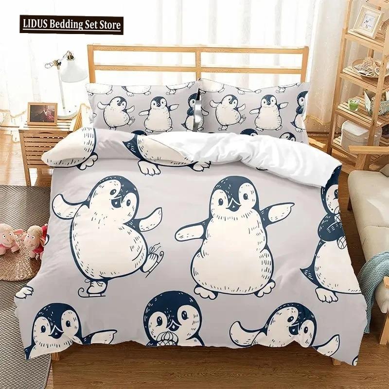 Cartoon Penguin Duvet Cover Set For Boys Girl Animated Antarctic Animal Polyester Quilt Cover White Black King Queen Size
