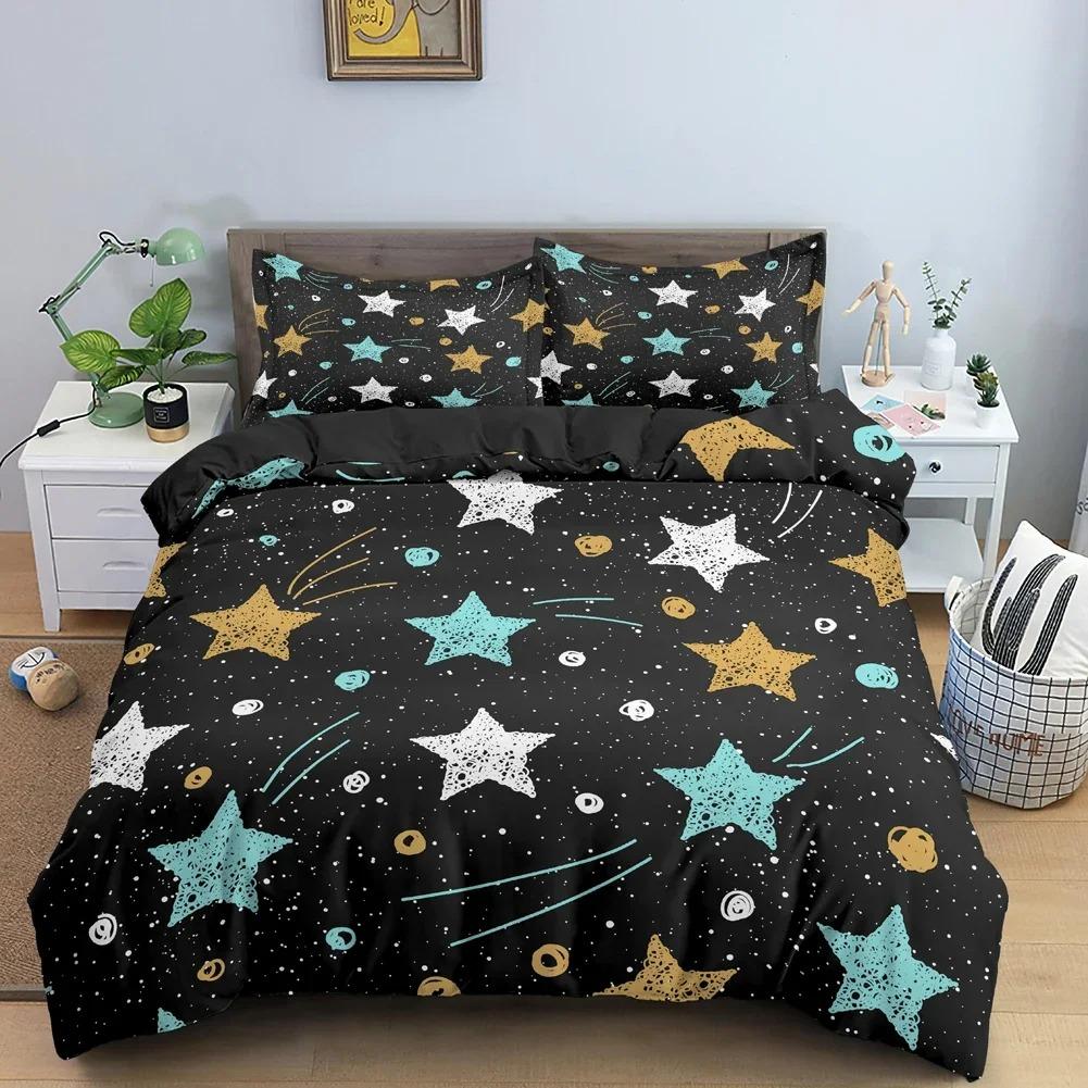 Kawaii Glitter Stars Duvet Cover Twin Queen Psychedelic Space Cosmos Starry Sky Comforter Cover Colorful Star Galaxy Bedding Set