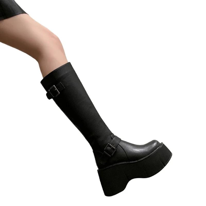Women's Shoes Basic Women's Boots Classics Knee-High Boots Women Belt Buckle Side Zip Round Toe Wedge Platform Shoes Ladies