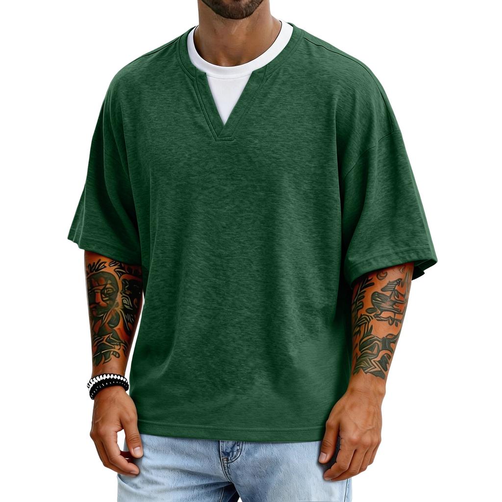 Men's Casual Color V-neck Fake Two-piece Breathable Short-sleeved Top