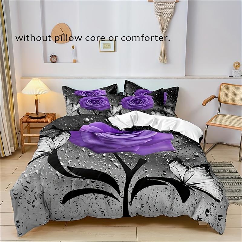 3Pcs Soft And Comfortable Purple Rose Print Duvet Cover Set For Bedroom And Guest Room Includes 1 Duvet Cover And 2 Pillowcases