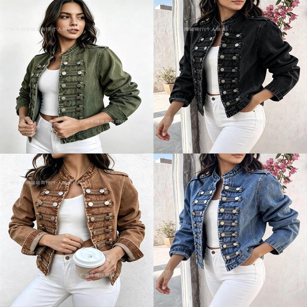 Giacca di Jeans da Donna con Collo Alto e Maniche Lunghe Moda Estiva Casual