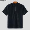 INCERUN Men Zip-up Neck Short Sleeve Texture Rib Casual T-Shirts Tops